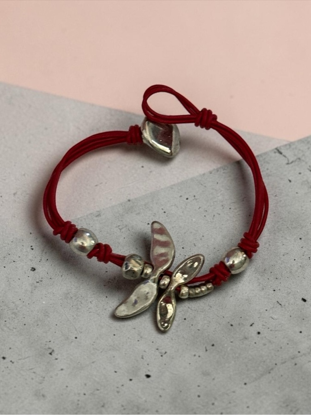🫶🏻 Silver Dragonfly Charm Red Cord Bracelet